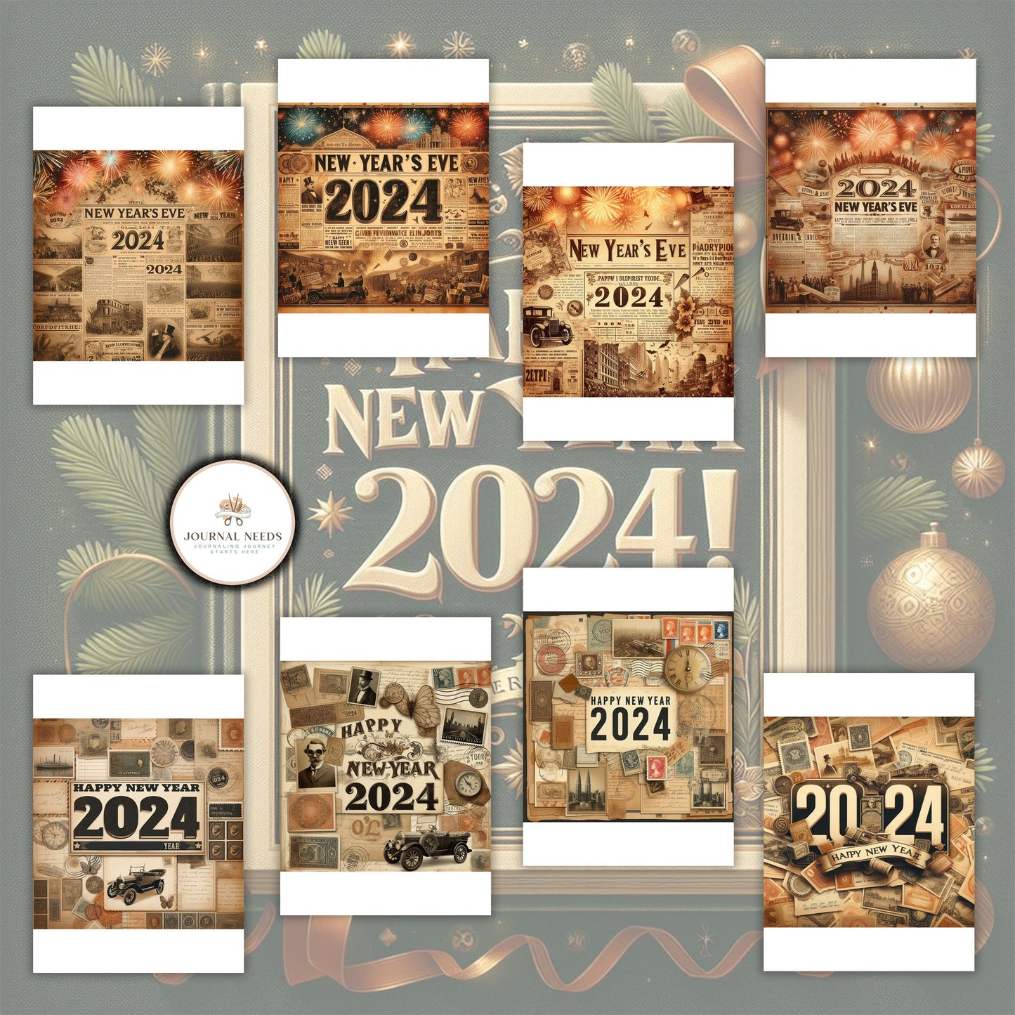 Vintage New Year: 46 pages of nostalgic backgrounds for junk journaling and scrapbooking. PDF and JPG formats. Capture timeless moments.