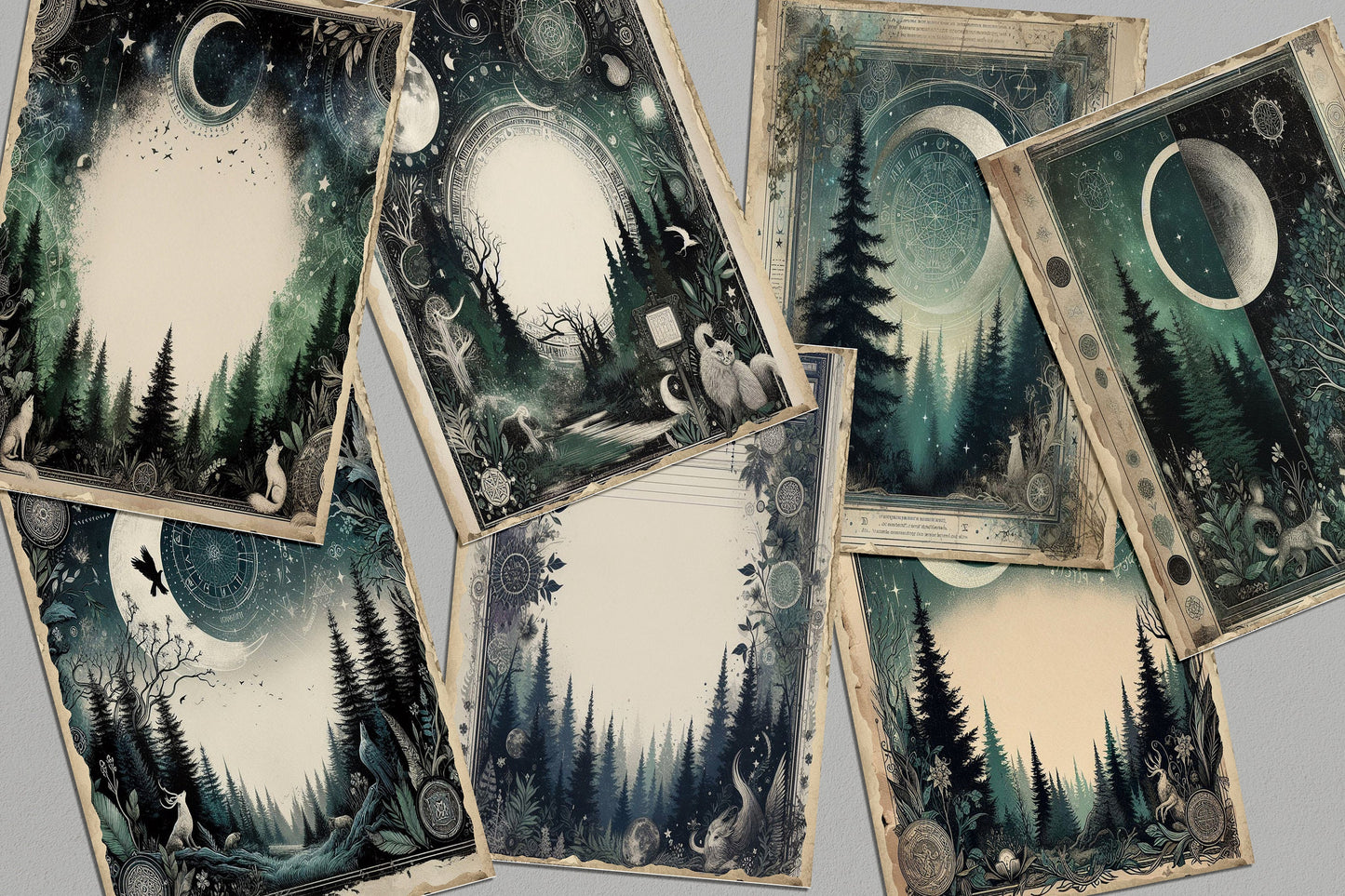 Mystic Enchantments: Sunlit Meadows and Moonlit Forests Collection ,junk journaling backgrounds , vintage journal pages for junk journaling