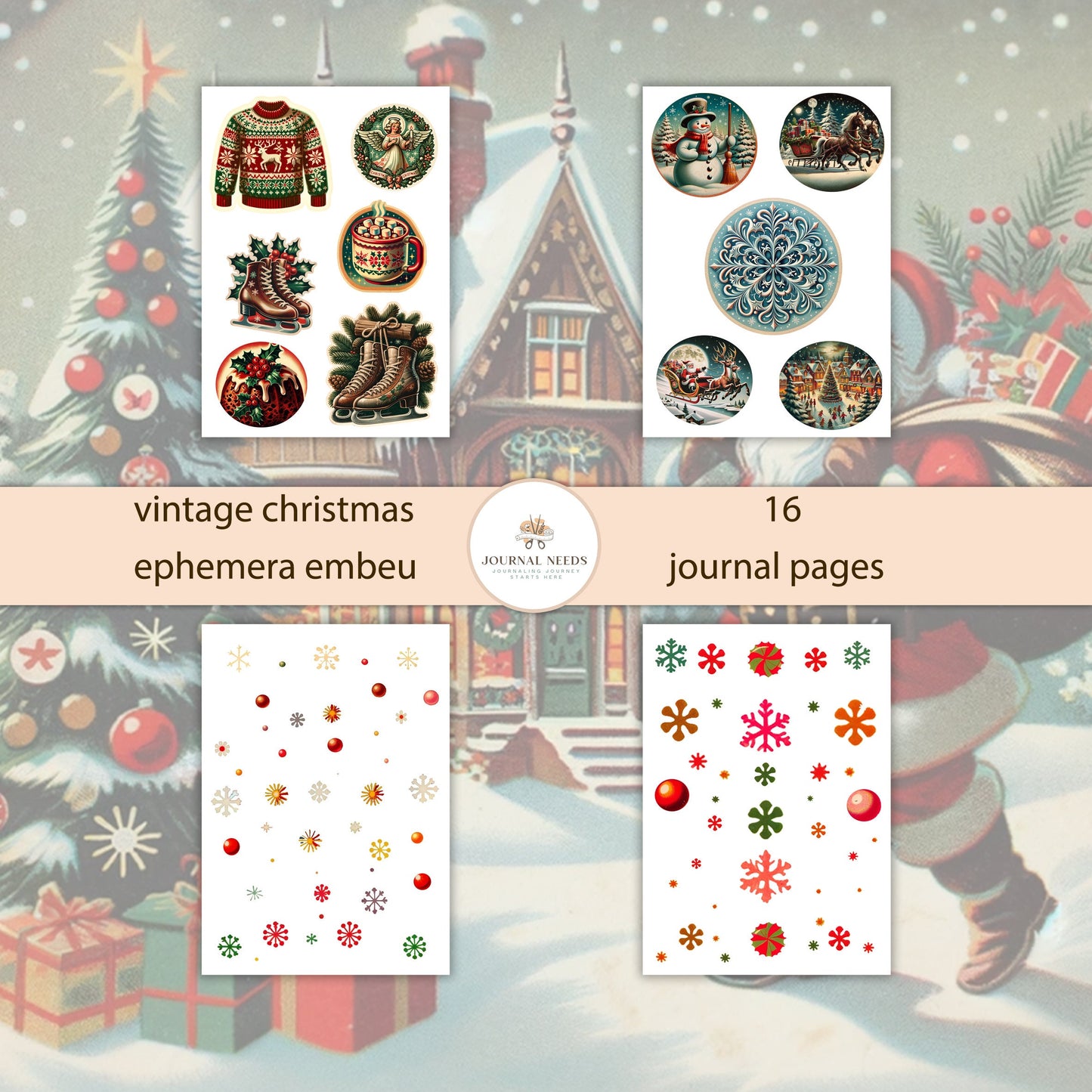 Vintage Christmas ephemera collection 16 sheet - junk journaling and scrapbooking embellishments digital kit - jpg png pdf