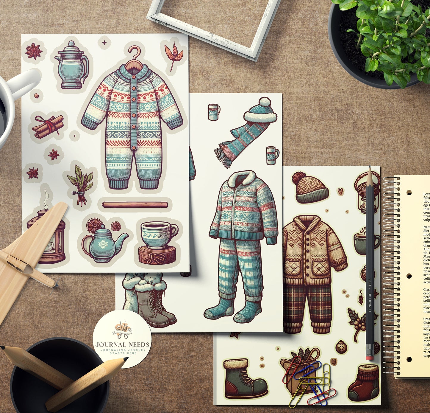 Winter Warmth & Comfort Stickers: Pyjamas, Animals, Fireplace, Hot Drinks, People, Horse Carriages. 42 Pages in PDF, PNG, JPG for Cozy Vibes