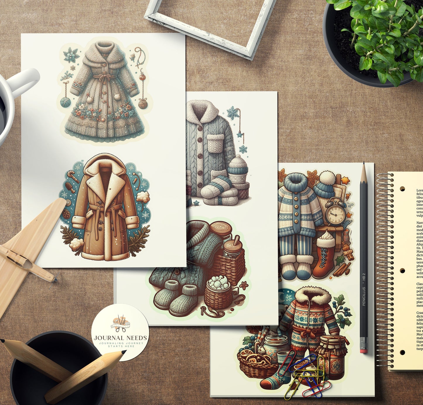 Winter Warmth & Comfort Stickers: Pyjamas, Animals, Fireplace, Hot Drinks, People, Horse Carriages. 42 Pages in PDF, PNG, JPG for Cozy Vibes