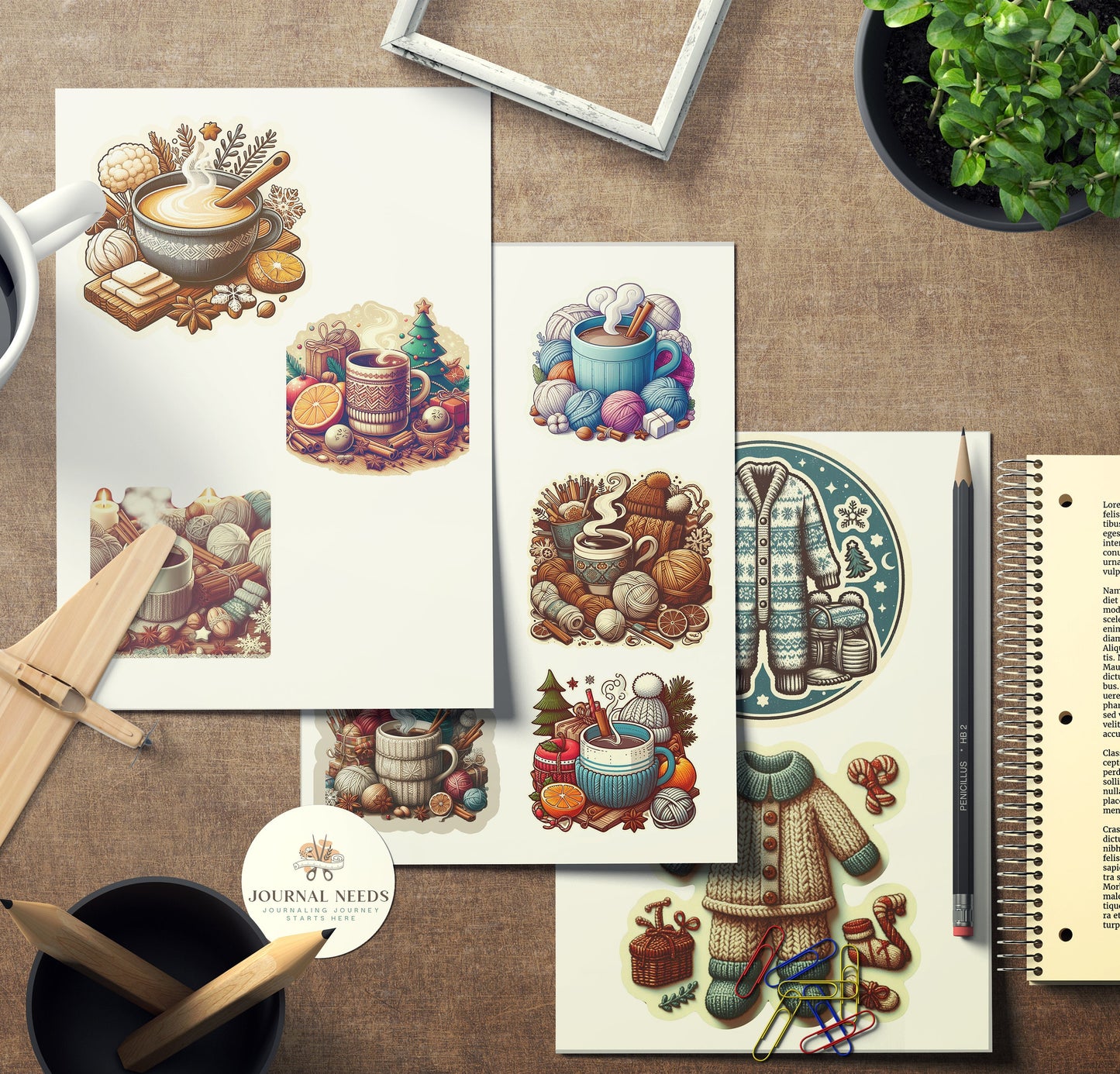 Winter Warmth & Comfort Stickers: Pyjamas, Animals, Fireplace, Hot Drinks, People, Horse Carriages. 42 Pages in PDF, PNG, JPG for Cozy Vibes