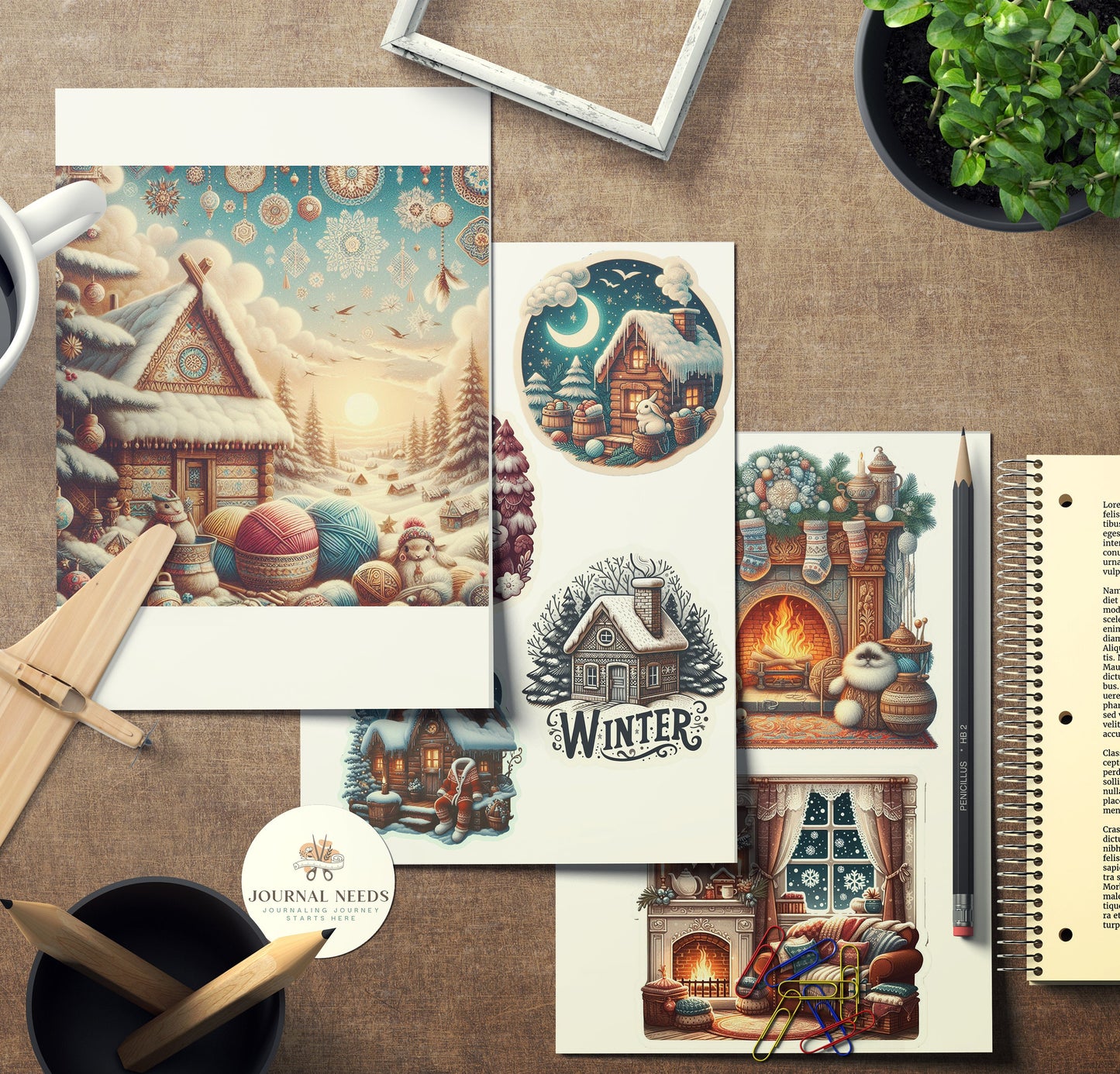 Winter Warmth & Comfort Stickers: Pyjamas, Animals, Fireplace, Hot Drinks, People, Horse Carriages. 42 Pages in PDF, PNG, JPG for Cozy Vibes
