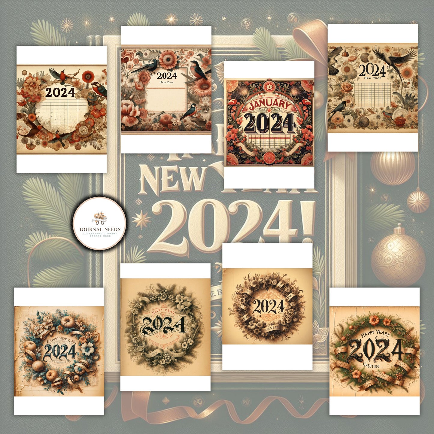 Vintage New Year: 46 pages of nostalgic backgrounds for junk journaling and scrapbooking. PDF and JPG formats. Capture timeless moments.