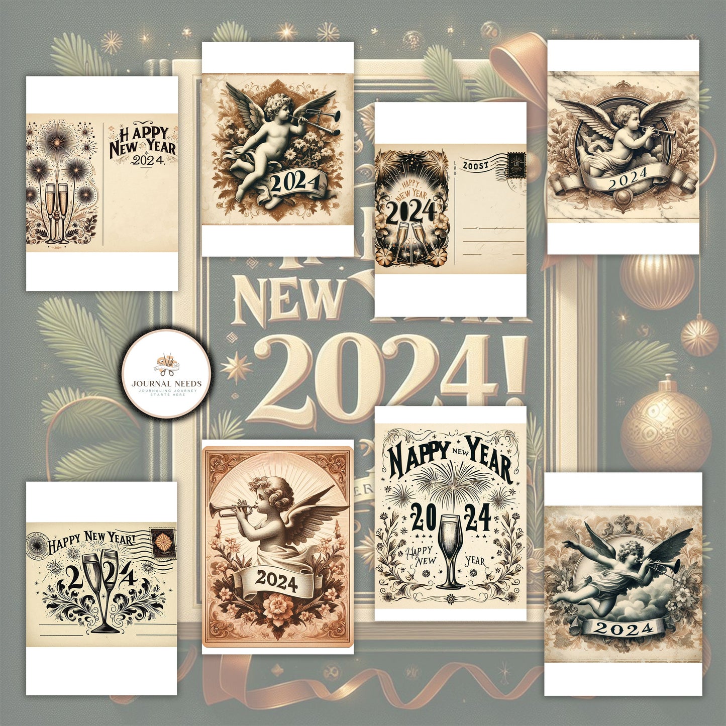 Vintage New Year: 46 pages of nostalgic backgrounds for junk journaling and scrapbooking. PDF and JPG formats. Capture timeless moments.