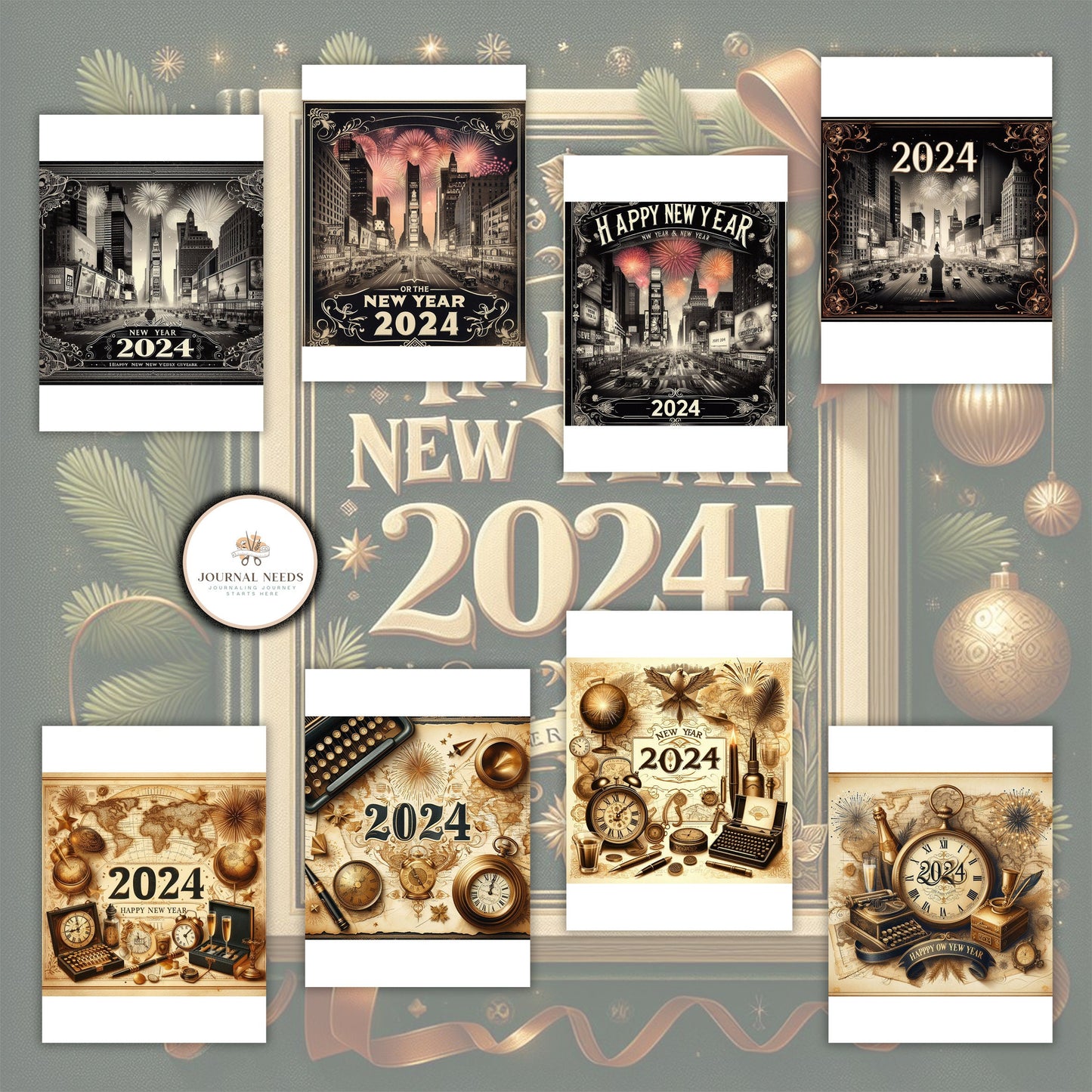 Vintage New Year: 46 pages of nostalgic backgrounds for junk journaling and scrapbooking. PDF and JPG formats. Capture timeless moments.