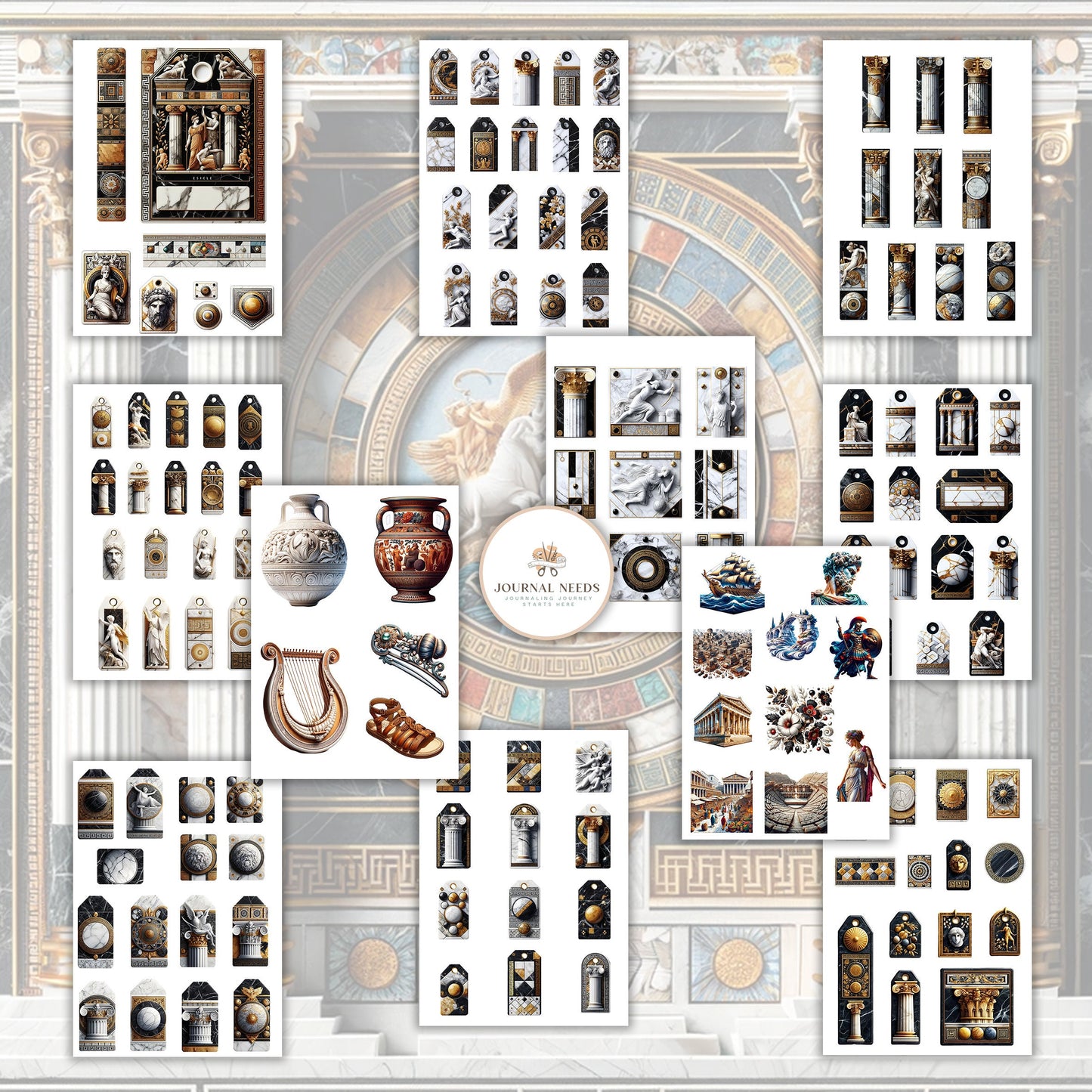 Ancient Greek Elegance: Dive into 55 pages of vintage stickers, backgrounds featuring women, men, animals, flowers, and more. PDF,PNG, JPG