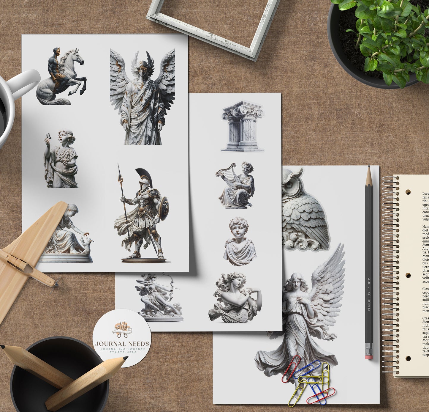 Ancient Greek Elegance: Dive into 55 pages of vintage stickers, backgrounds featuring women, men, animals, flowers, and more. PDF,PNG, JPG