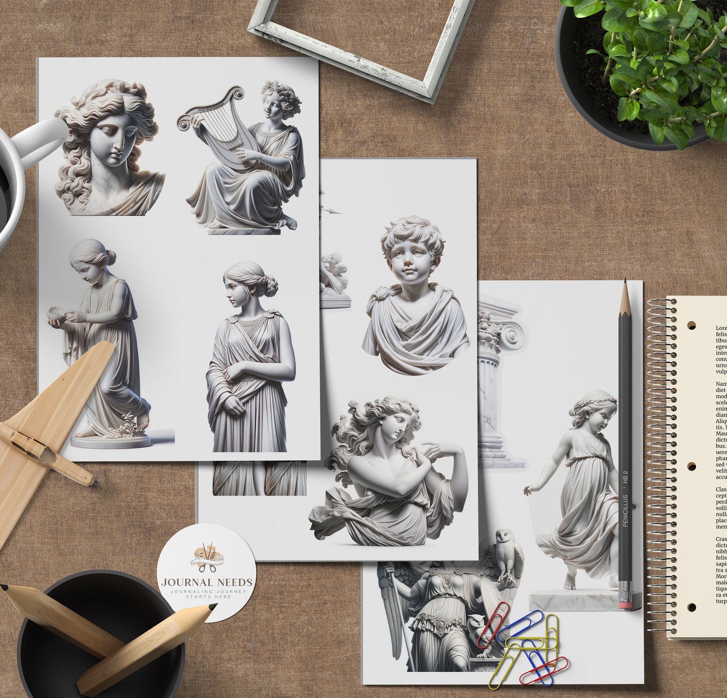 Ancient Greek Elegance: Dive into 55 pages of vintage stickers, backgrounds featuring women, men, animals, flowers, and more. PDF,PNG, JPG