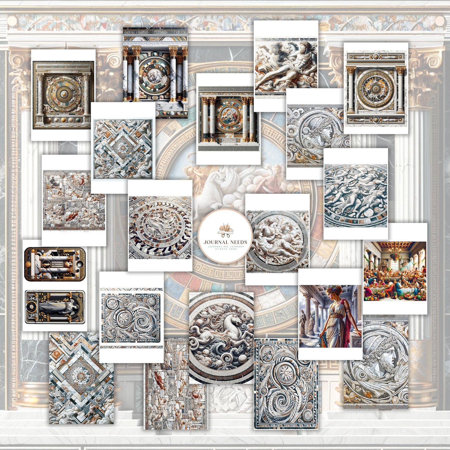 Ancient Greek Elegance: Dive into 55 pages of vintage stickers, backgrounds featuring women, men, animals, flowers, and more. PDF,PNG, JPG