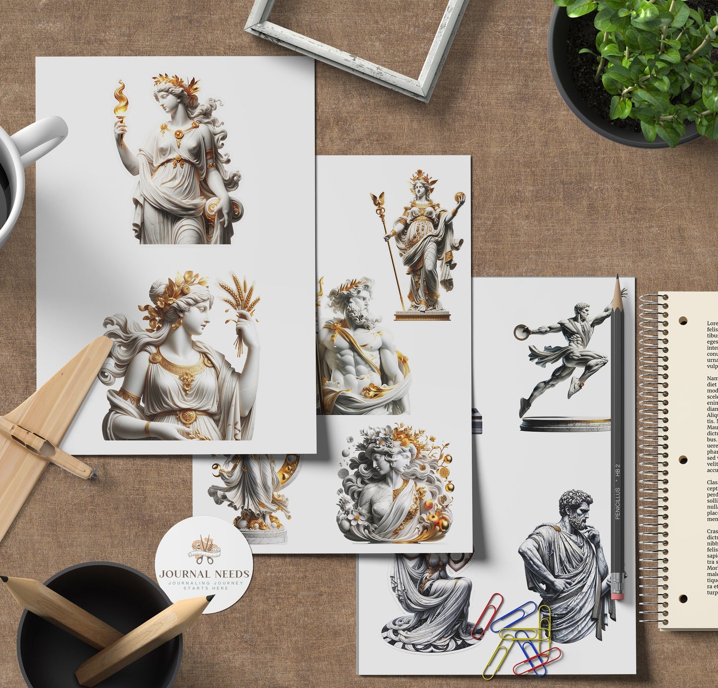 Ancient Greek Elegance: Dive into 55 pages of vintage stickers, backgrounds featuring women, men, animals, flowers, and more. PDF,PNG, JPG