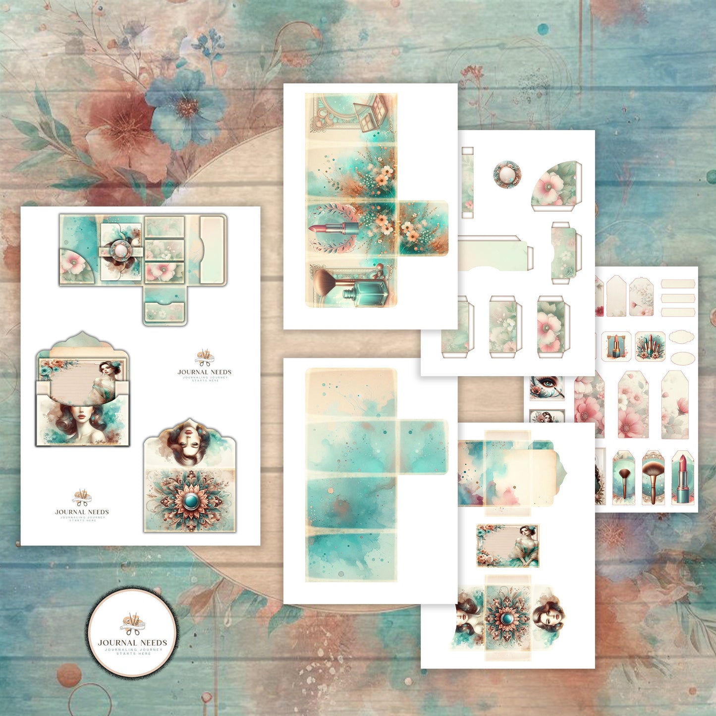 Turquoise Elegance: Distressed Theme Junk Journaling Digital Collection HD Watercolor Backgrounds, Fussy Cut Images, Makeup & Purse Folios