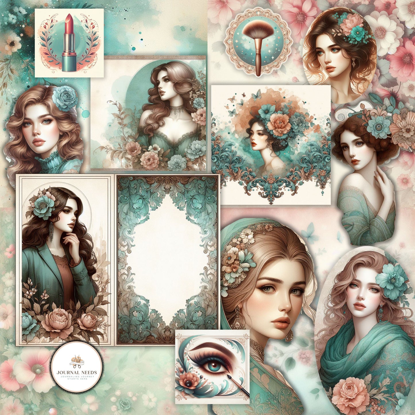 Turquoise Elegance: Distressed Theme Junk Journaling Digital Collection HD Watercolor Backgrounds, Fussy Cut Images, Makeup & Purse Folios
