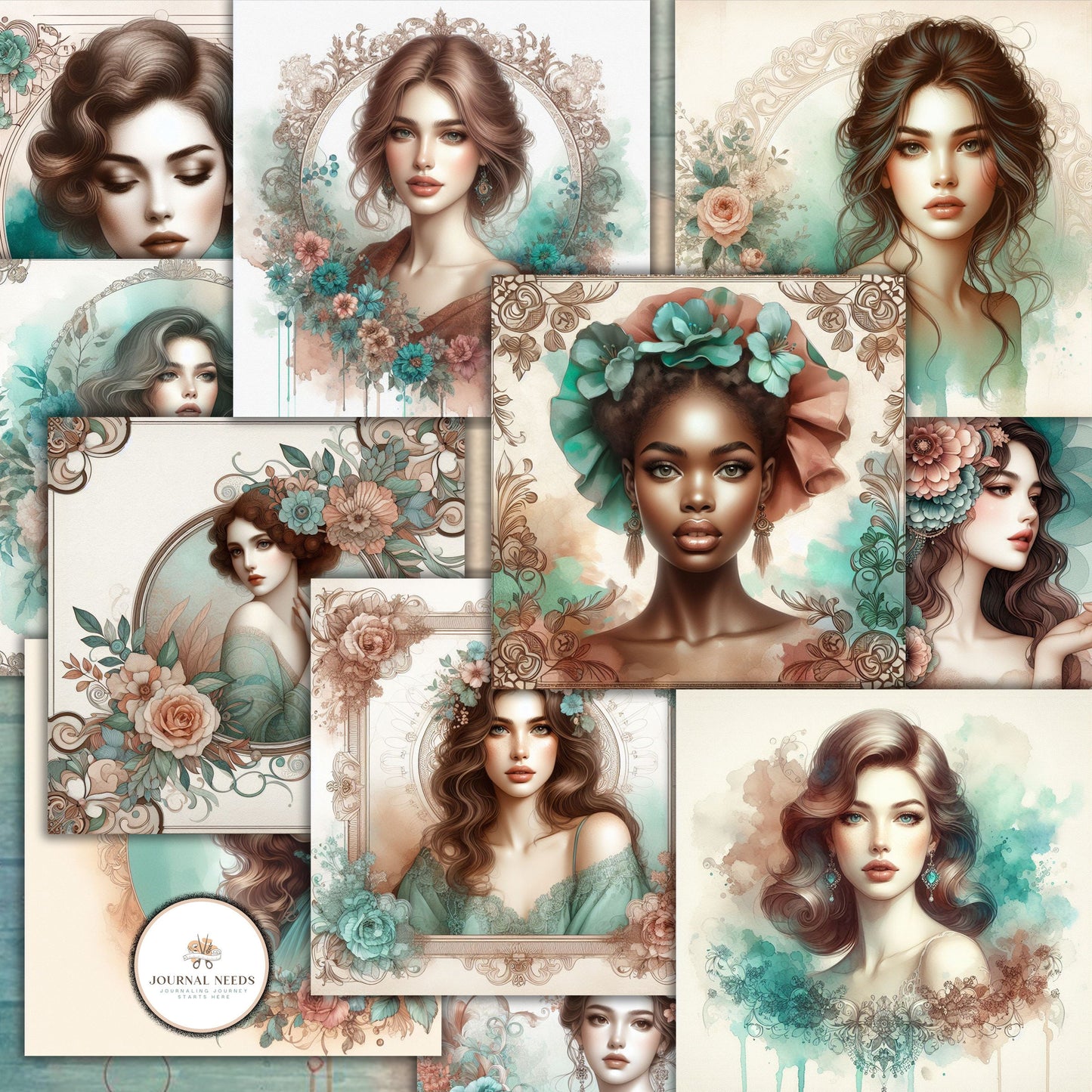 Turquoise Elegance: Distressed Theme Junk Journaling Digital Collection HD Watercolor Backgrounds, Fussy Cut Images, Makeup & Purse Folios