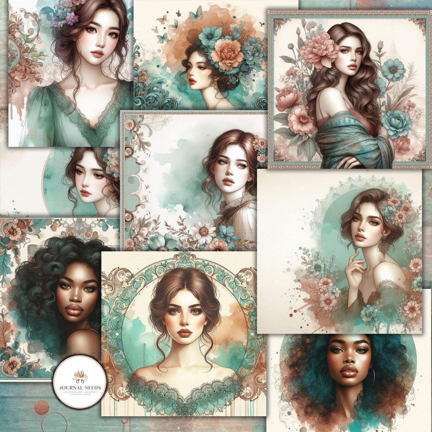 Turquoise Elegance: Distressed Theme Junk Journaling Digital Collection HD Watercolor Backgrounds, Fussy Cut Images, Makeup & Purse Folios