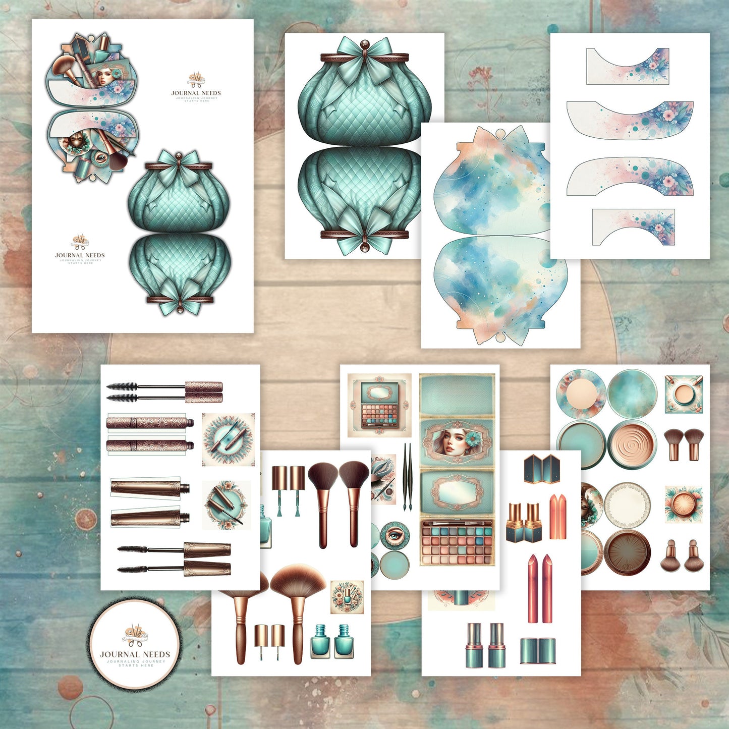 Turquoise Elegance: Distressed Theme Junk Journaling Digital Collection HD Watercolor Backgrounds, Fussy Cut Images, Makeup & Purse Folios