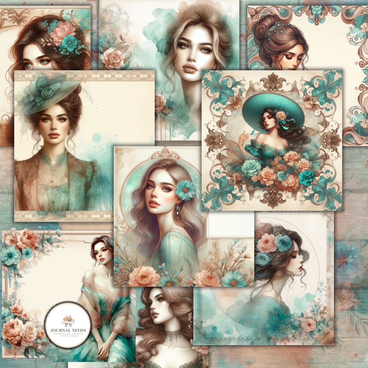 Turquoise Elegance: Distressed Theme Junk Journaling Digital Collection HD Watercolor Backgrounds, Fussy Cut Images, Makeup & Purse Folios