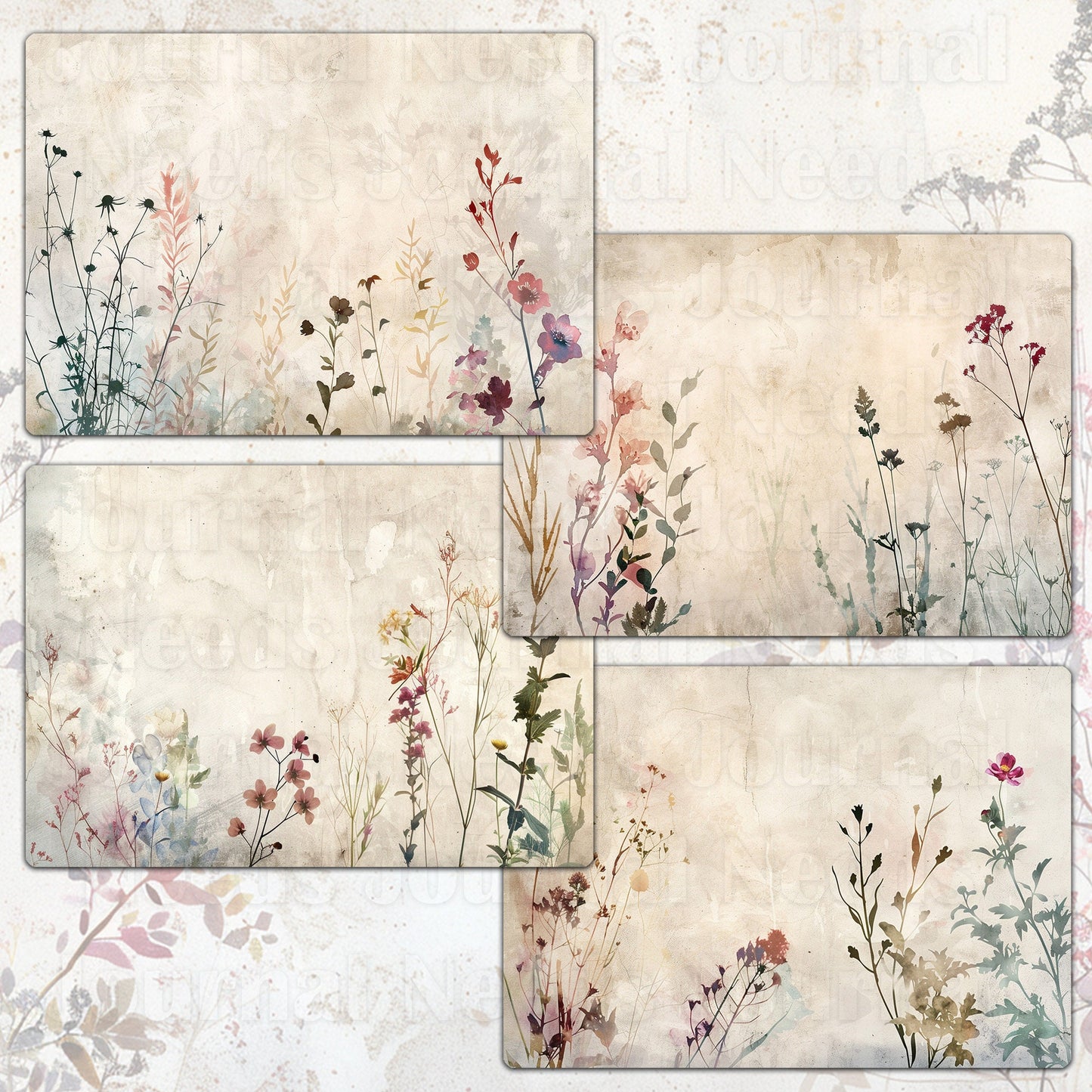 BRUSHED BLOSSOMS SPIRIT . floral background papers for junk journal and scrapbook , digital download, collage sheets . folded A4 paper size