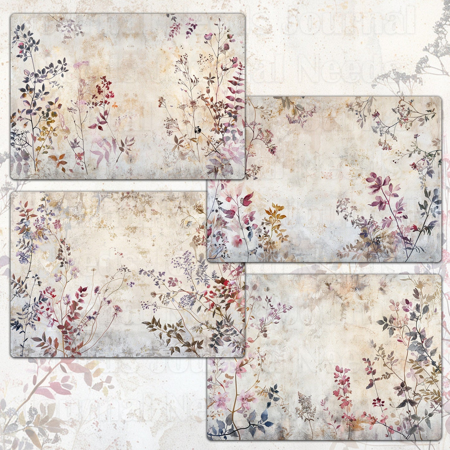 BRUSHED BLOSSOMS SPIRIT . floral background papers for junk journal and scrapbook , digital download, collage sheets . folded A4 paper size