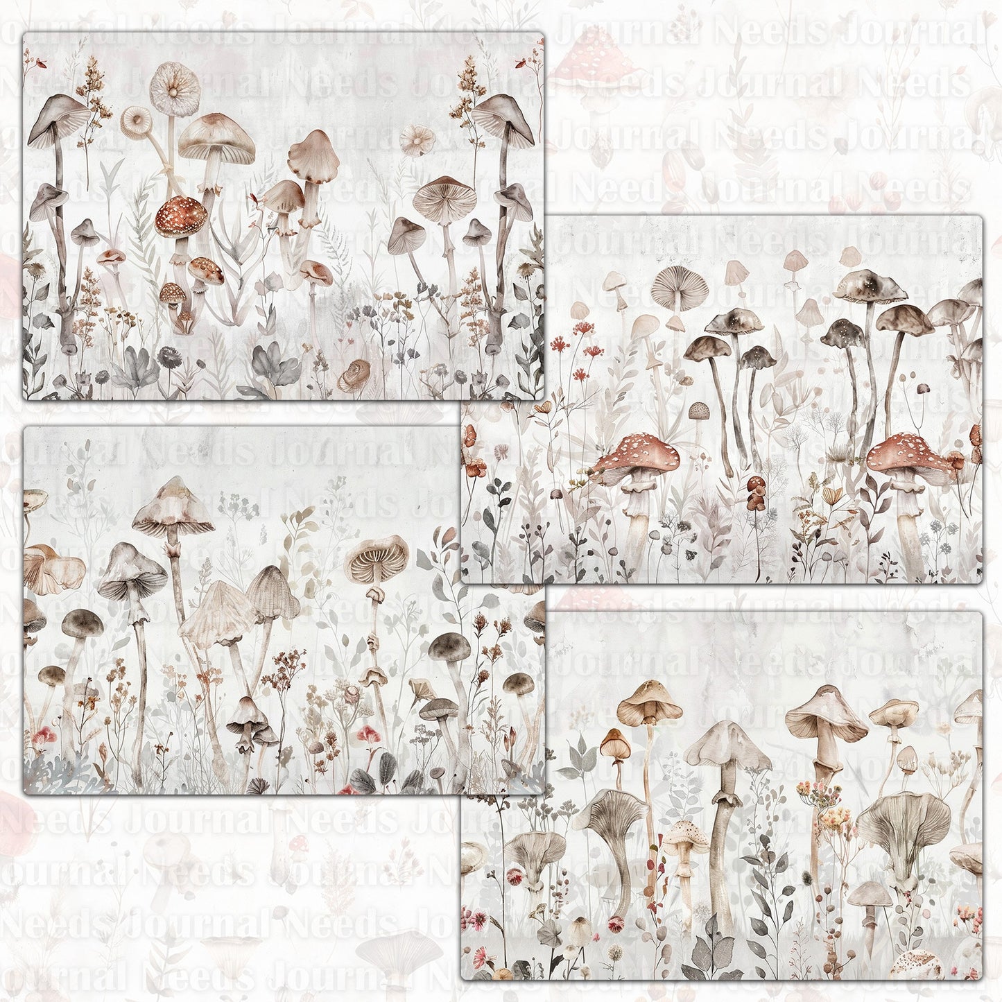 BRUSHED MUSHROOM SPIRIT . 40 floral background papers for junk journal and scrapbook , digital download, collage sheets folded A4 paper size