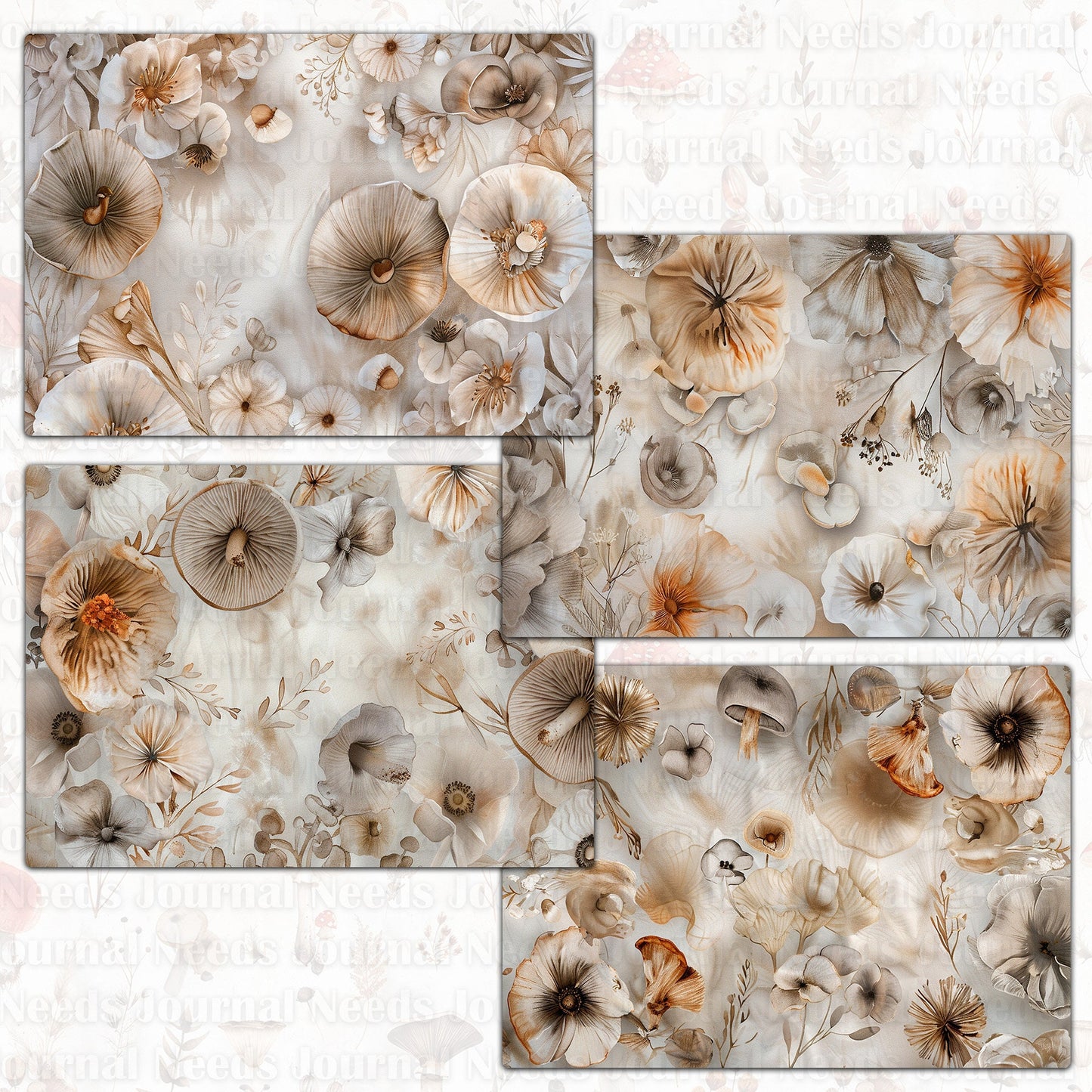 BRUSHED MUSHROOM SPIRIT . 40 floral background papers for junk journal and scrapbook , digital download, collage sheets folded A4 paper size