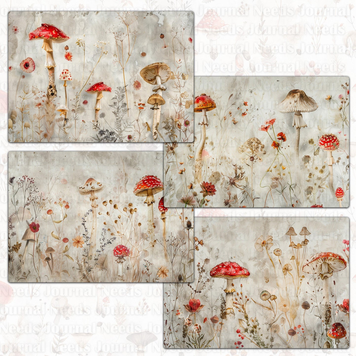 BRUSHED MUSHROOM SPIRIT . 40 floral background papers for junk journal and scrapbook , digital download, collage sheets folded A4 paper size