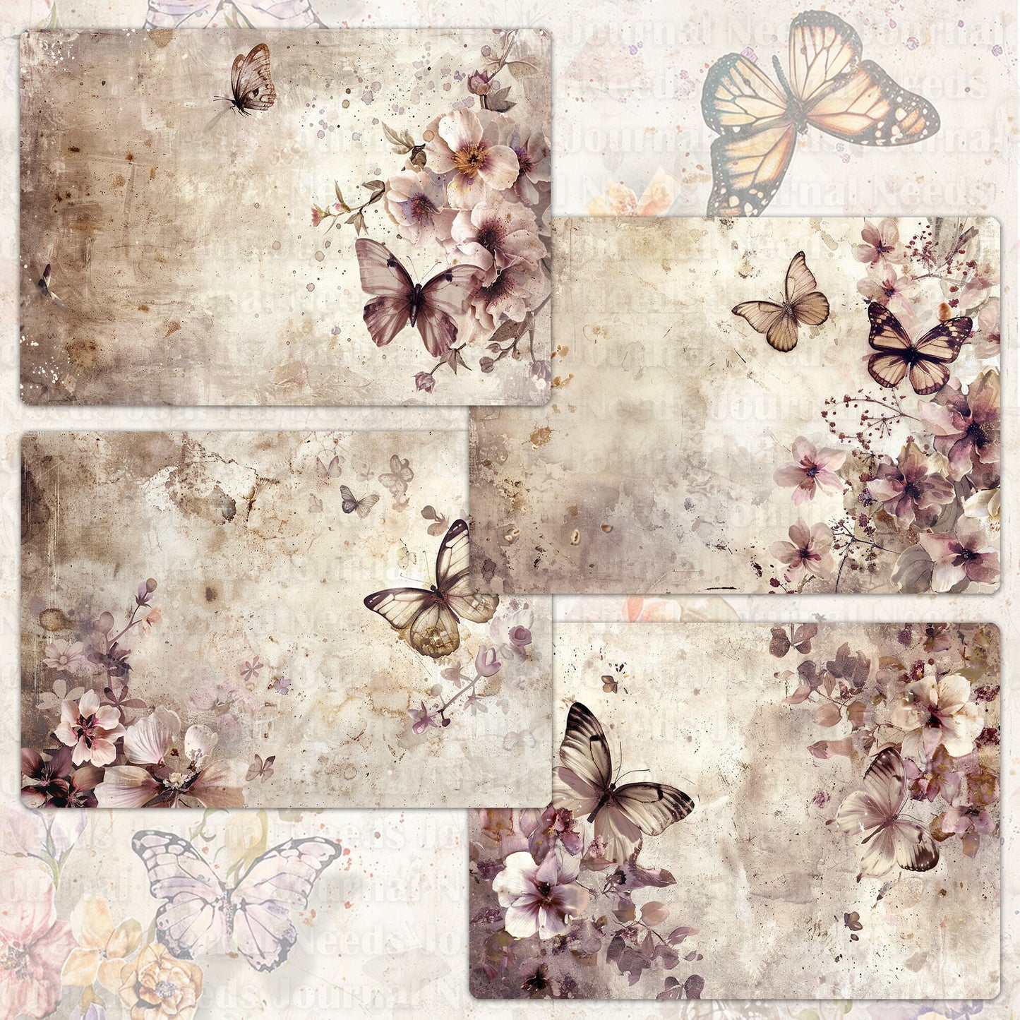BRUSHED BUTTERFLY SPIRIT . 40 floral background papers for junk journal and scrapbook , digital download, collage sheets folded A4 size