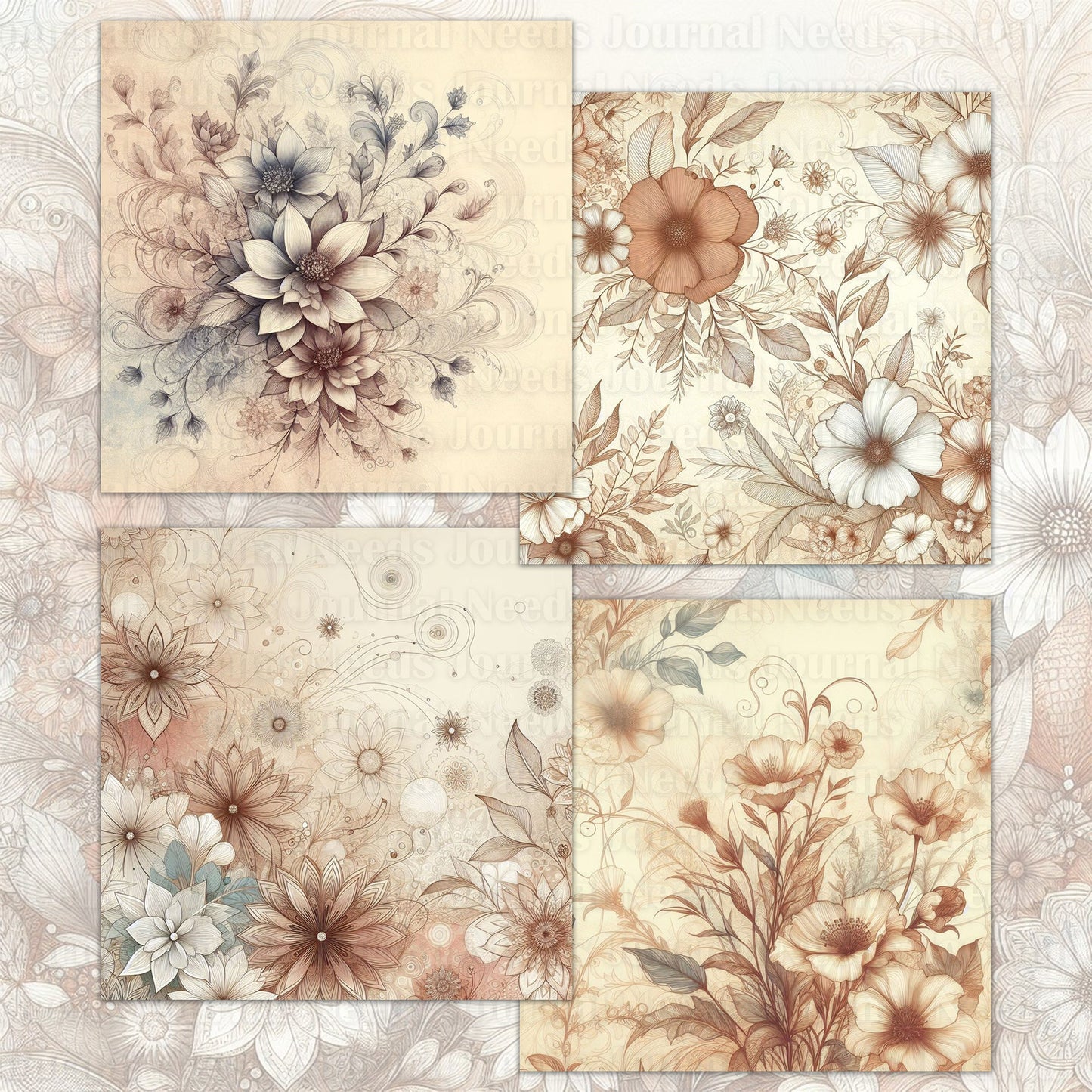 BRUSHED FLOWERS SPIRIT 01. 28 floral background papers for junk journal and scrapbook , digital download, collage sheets folded