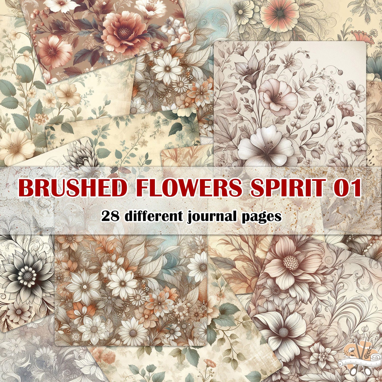 BRUSHED FLOWERS SPIRIT 01. 28 floral background papers for junk journal and scrapbook , digital download, collage sheets folded