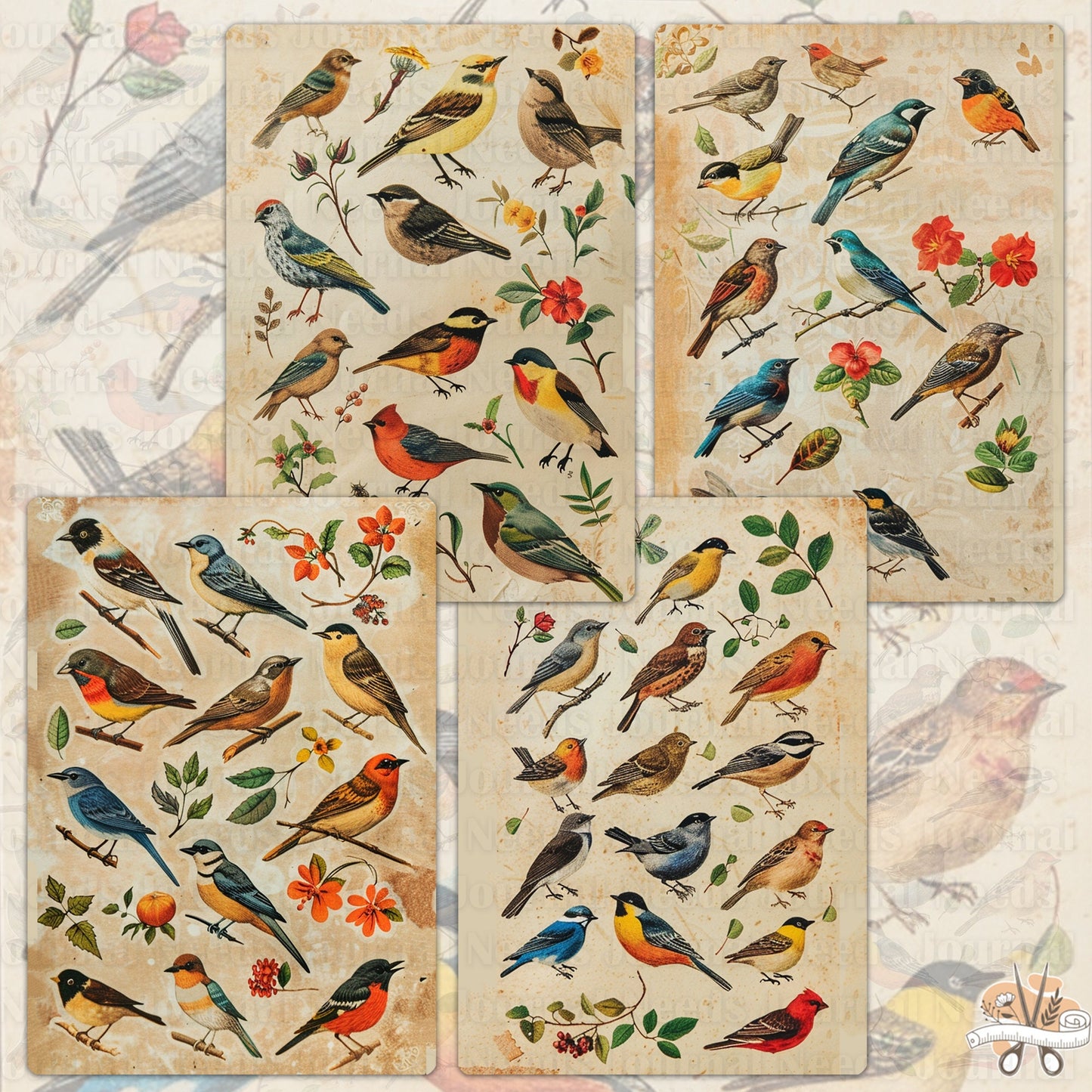 Vintage Bird Lover's Treasure : 24 Unique Journal Pages for Junk Journaling and Scrapbooking