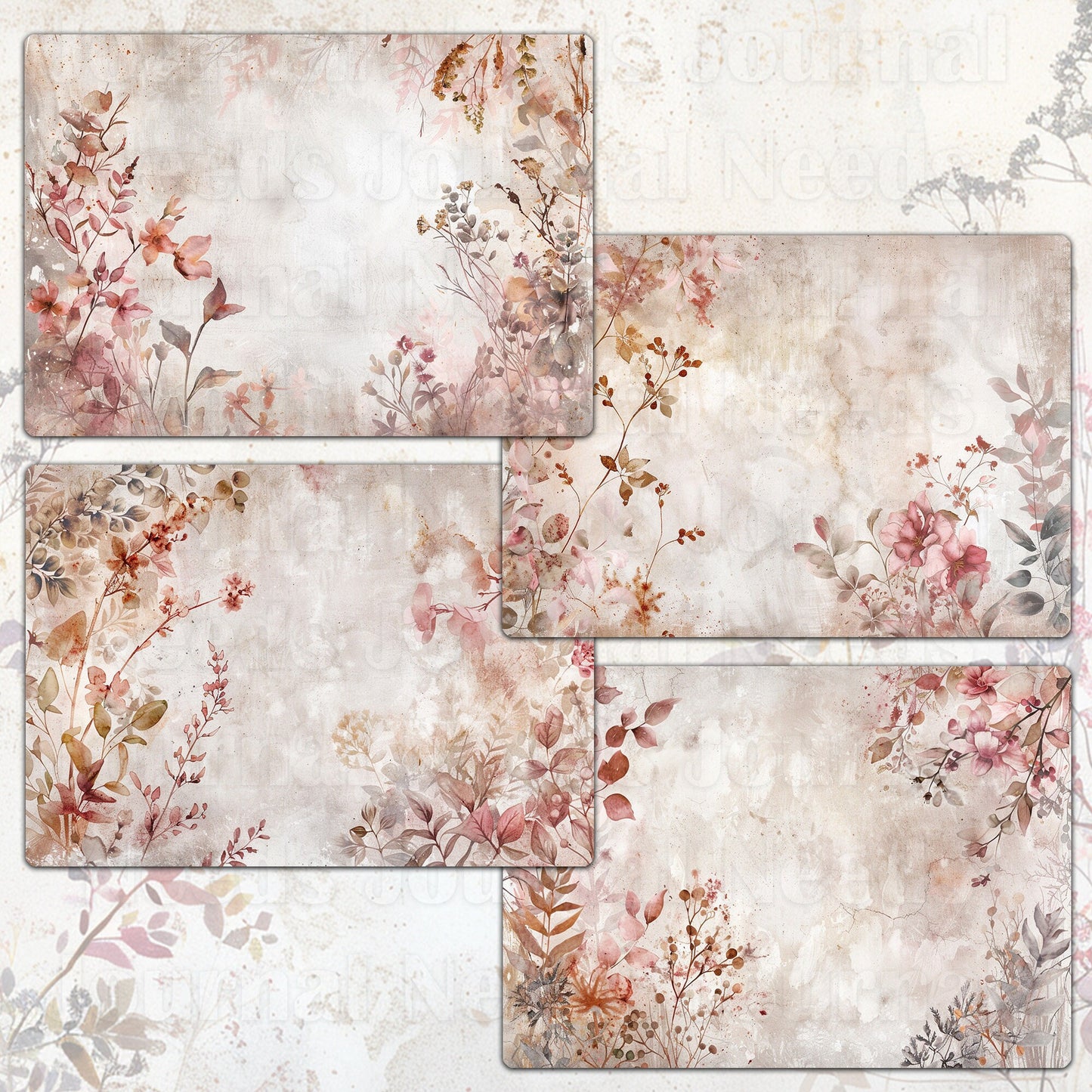 BRUSHED BLOSSOMS SPIRIT . floral background papers for junk journal and scrapbook , digital download, collage sheets . folded A4 paper size
