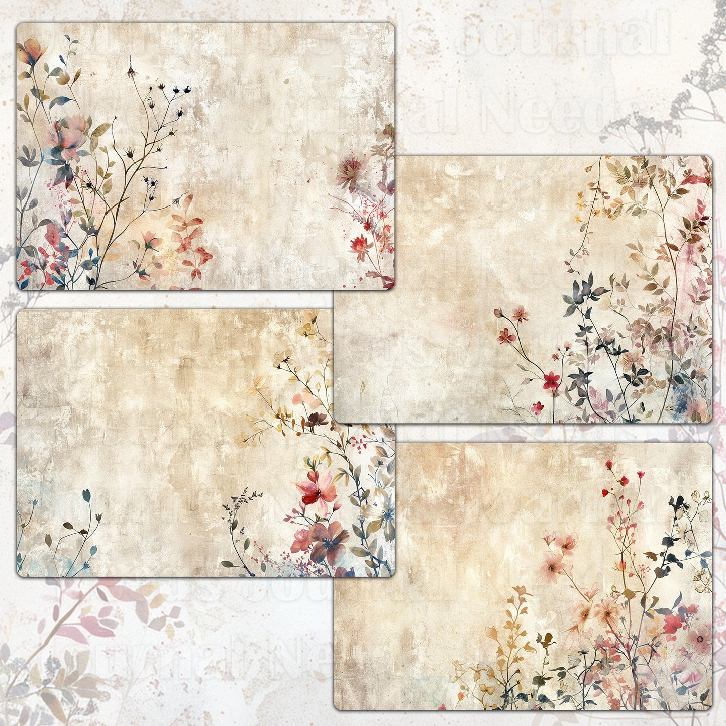 BRUSHED BLOSSOMS SPIRIT . floral background papers for junk journal and scrapbook , digital download, collage sheets . folded A4 paper size