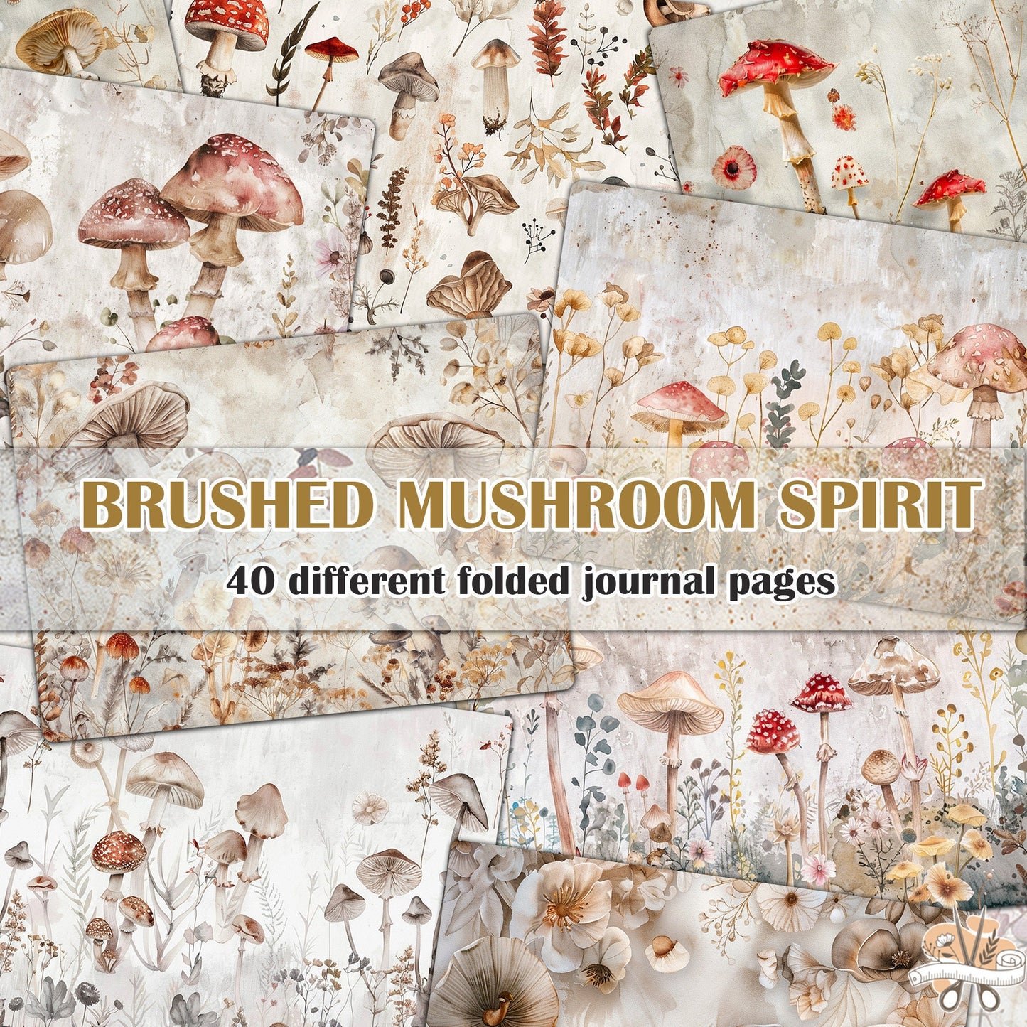 BRUSHED MUSHROOM SPIRIT . 40 floral background papers for junk journal and scrapbook , digital download, collage sheets folded A4 paper size
