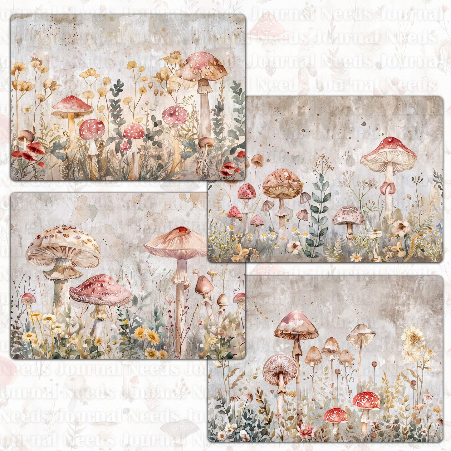 BRUSHED MUSHROOM SPIRIT . 40 floral background papers for junk journal and scrapbook , digital download, collage sheets folded A4 paper size