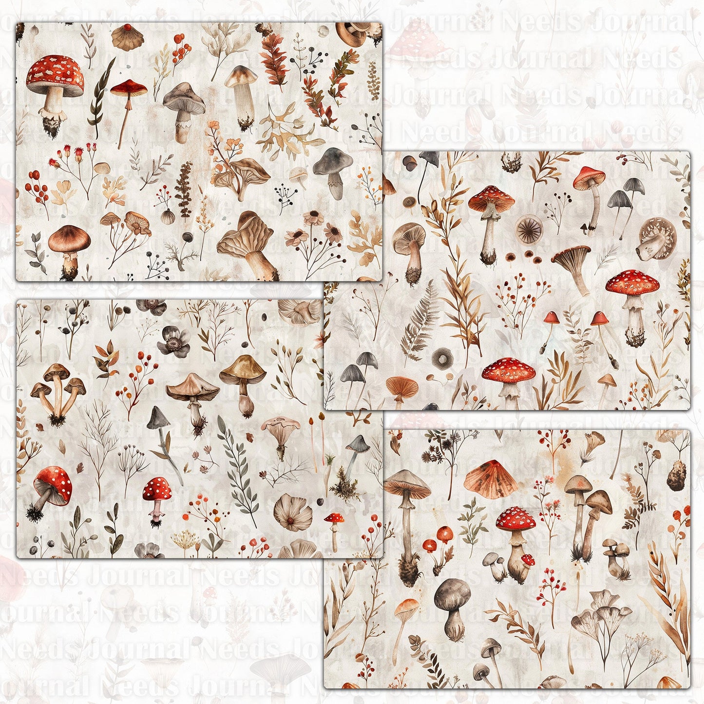 BRUSHED MUSHROOM SPIRIT . 40 floral background papers for junk journal and scrapbook , digital download, collage sheets folded A4 paper size