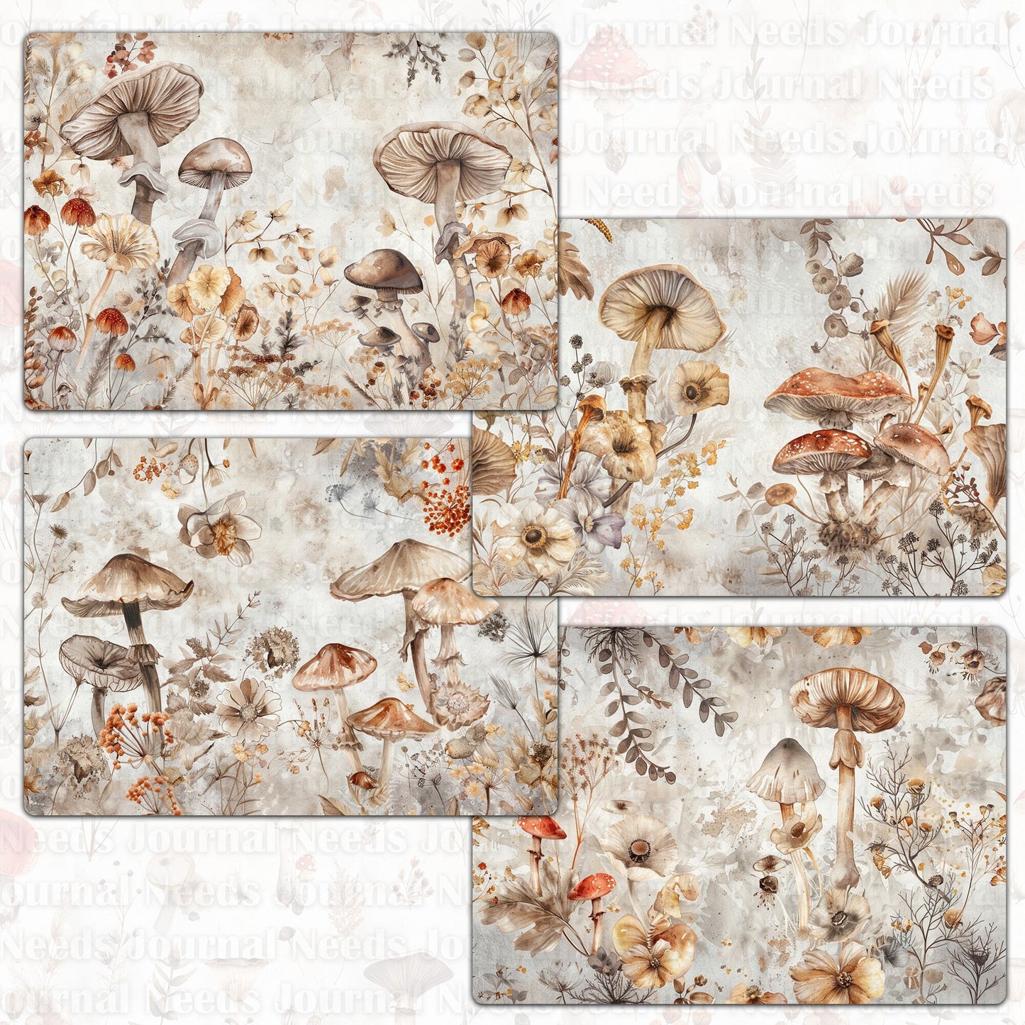 BRUSHED MUSHROOM SPIRIT . 40 floral background papers for junk journal and scrapbook , digital download, collage sheets folded A4 paper size