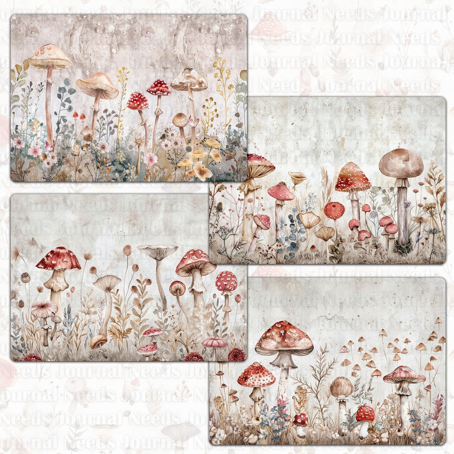BRUSHED MUSHROOM SPIRIT . 40 floral background papers for junk journal and scrapbook , digital download, collage sheets folded A4 paper size