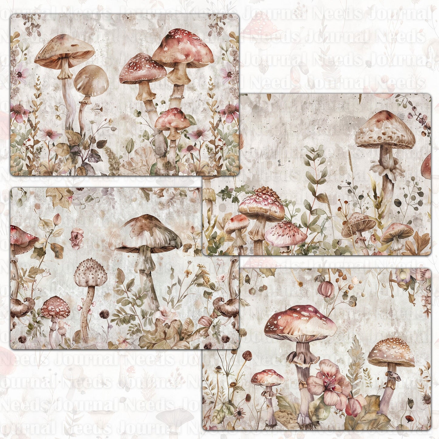 BRUSHED MUSHROOM SPIRIT . 40 floral background papers for junk journal and scrapbook , digital download, collage sheets folded A4 paper size