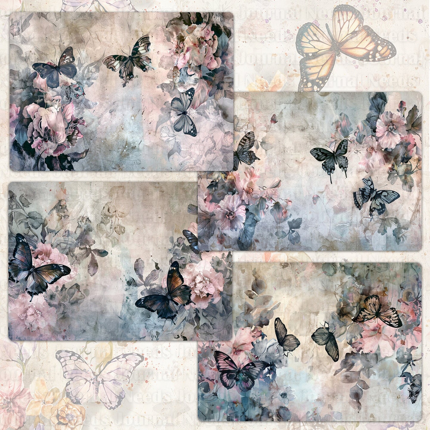 BRUSHED BUTTERFLY SPIRIT . 40 floral background papers for junk journal and scrapbook , digital download, collage sheets folded A4 size