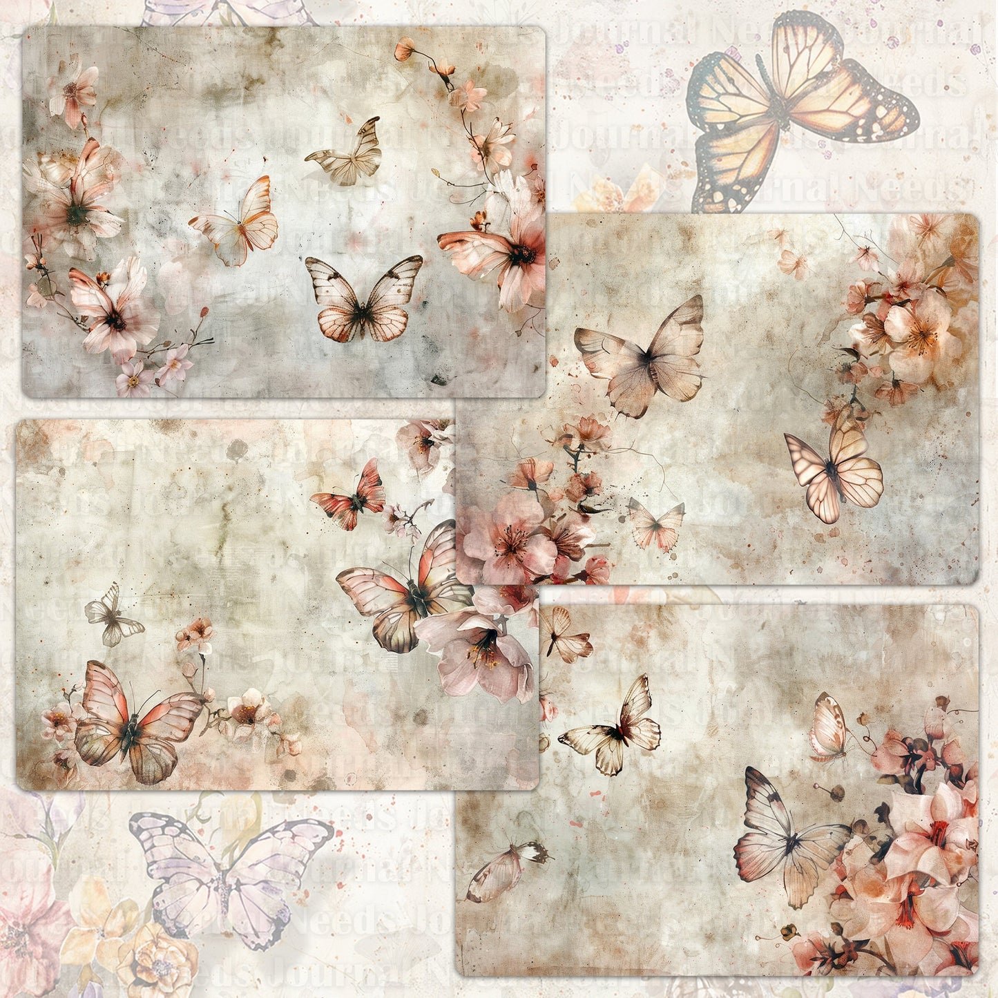 BRUSHED BUTTERFLY SPIRIT . 40 floral background papers for junk journal and scrapbook , digital download, collage sheets folded A4 size