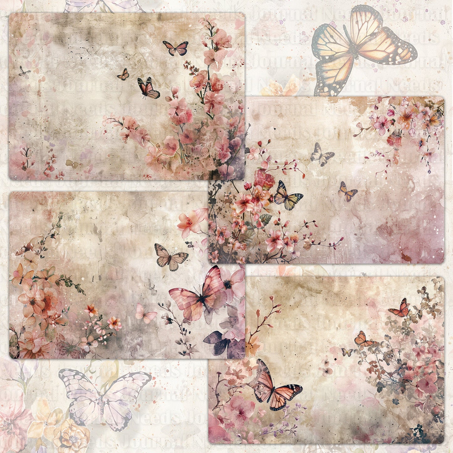 BRUSHED BUTTERFLY SPIRIT . 40 floral background papers for junk journal and scrapbook , digital download, collage sheets folded A4 size