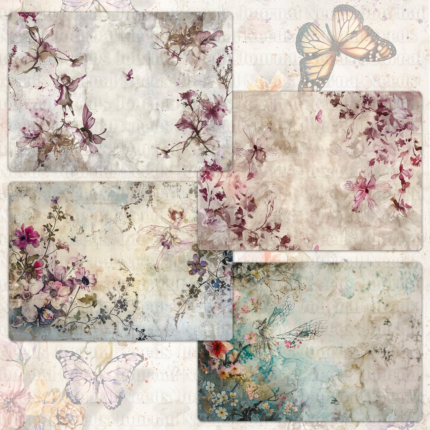 BRUSHED BUTTERFLY SPIRIT . 40 floral background papers for junk journal and scrapbook , digital download, collage sheets folded A4 size