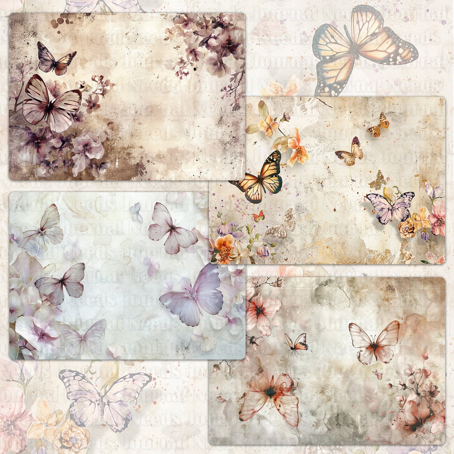 BRUSHED BUTTERFLY SPIRIT . 40 floral background papers for junk journal and scrapbook , digital download, collage sheets folded A4 size