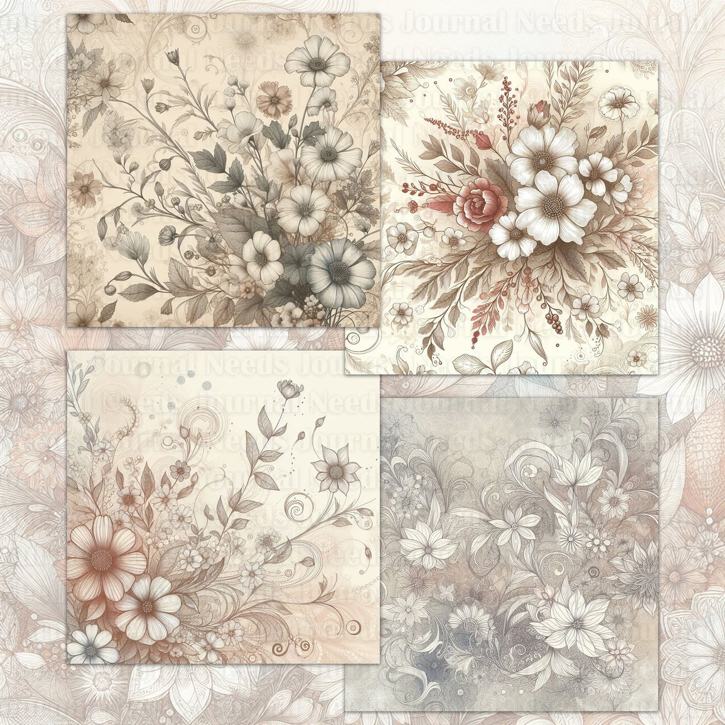 BRUSHED FLOWERS SPIRIT 01. 28 floral background papers for junk journal and scrapbook , digital download, collage sheets folded