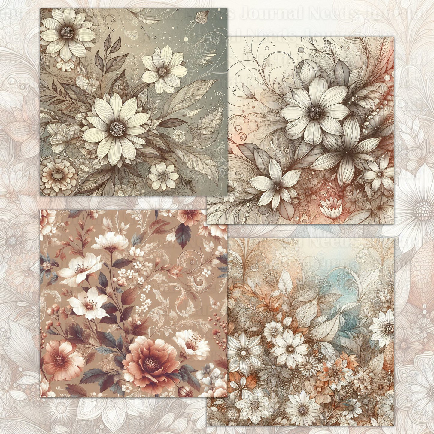 BRUSHED FLOWERS SPIRIT 01. 28 floral background papers for junk journal and scrapbook , digital download, collage sheets folded