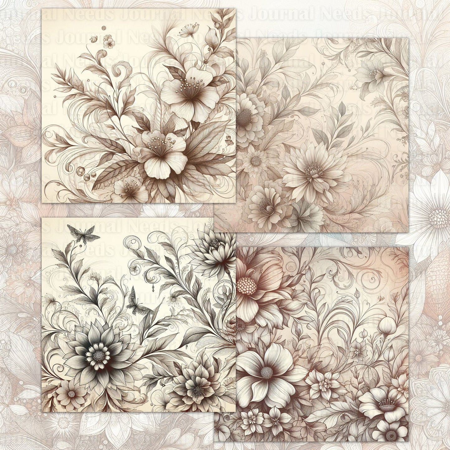 BRUSHED FLOWERS SPIRIT 01. 28 floral background papers for junk journal and scrapbook , digital download, collage sheets folded