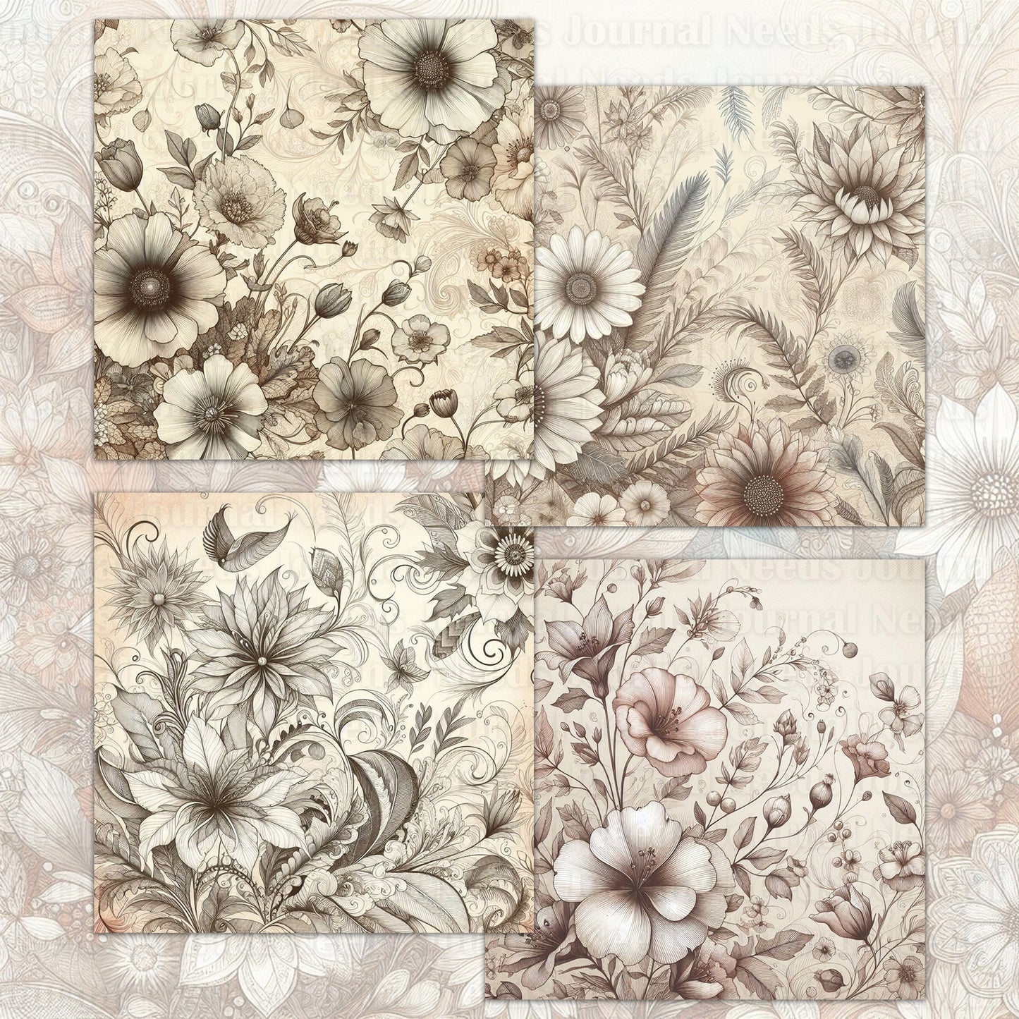 BRUSHED FLOWERS SPIRIT 01. 28 floral background papers for junk journal and scrapbook , digital download, collage sheets folded