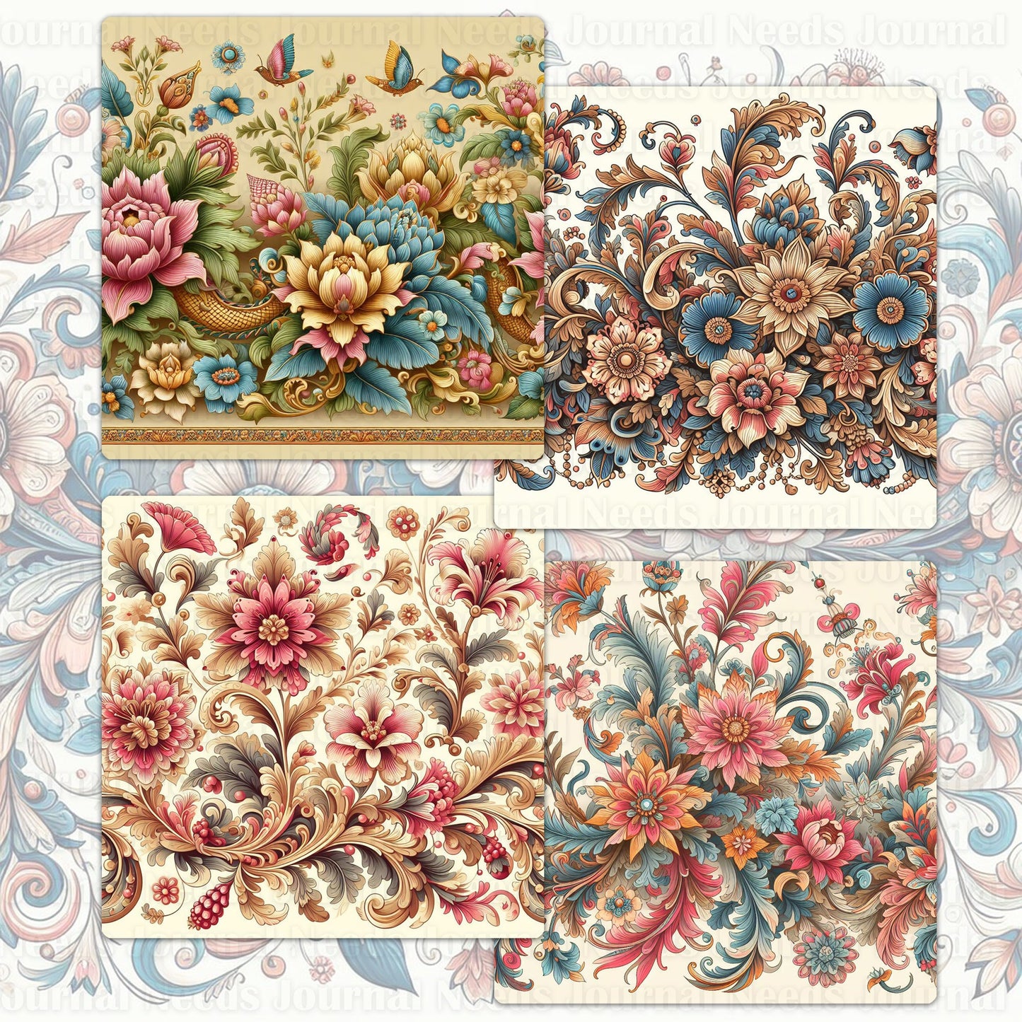 BRUSHED FLOWERS SPIRIT 02. 32 floral background papers for junk journal and scrapbook , digital download, collage sheets folded