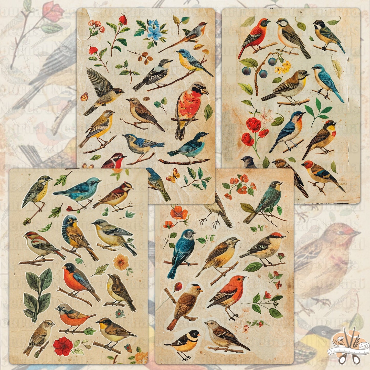 Vintage Bird Lover's Treasure : 24 Unique Journal Pages for Junk Journaling and Scrapbooking