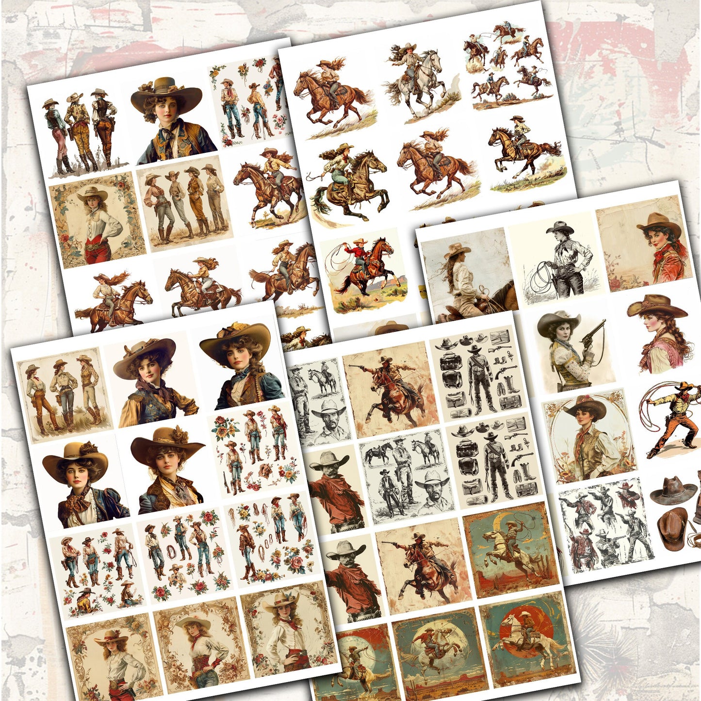 Vintage Cowboy 190s Junk Journal Digital Collection | 28 Folded Pages + 250+ Ephemera Sheets for Scrapbooking & Crafting - cow girls horses
